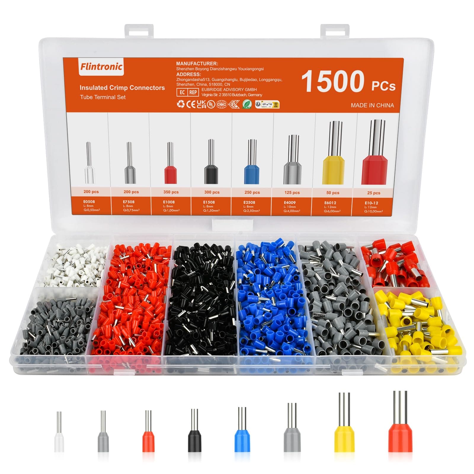 flintronic 1500Pcs Wire Ferrules kit, Electrical Connectors, Wire Terminal Ferrules Crimp Connector, Insulated Cord Pin End Terminal Great Assortment Ferrules Kit with Portable Box