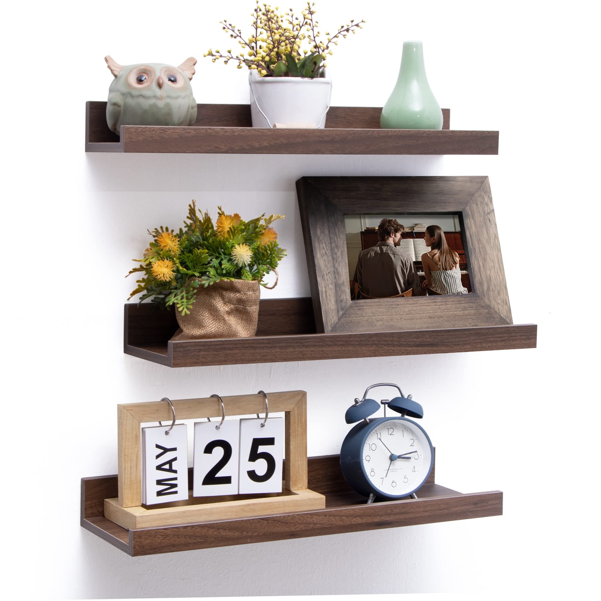 Axeman Picture Ledge Shelf | 16 Inch Walnut Floating Shelves Set of 3 | Rustic Wood Wall Shelves with Lip | 16" Walnut Picture Shelf for Wall with Ledge | Photo Shelves
