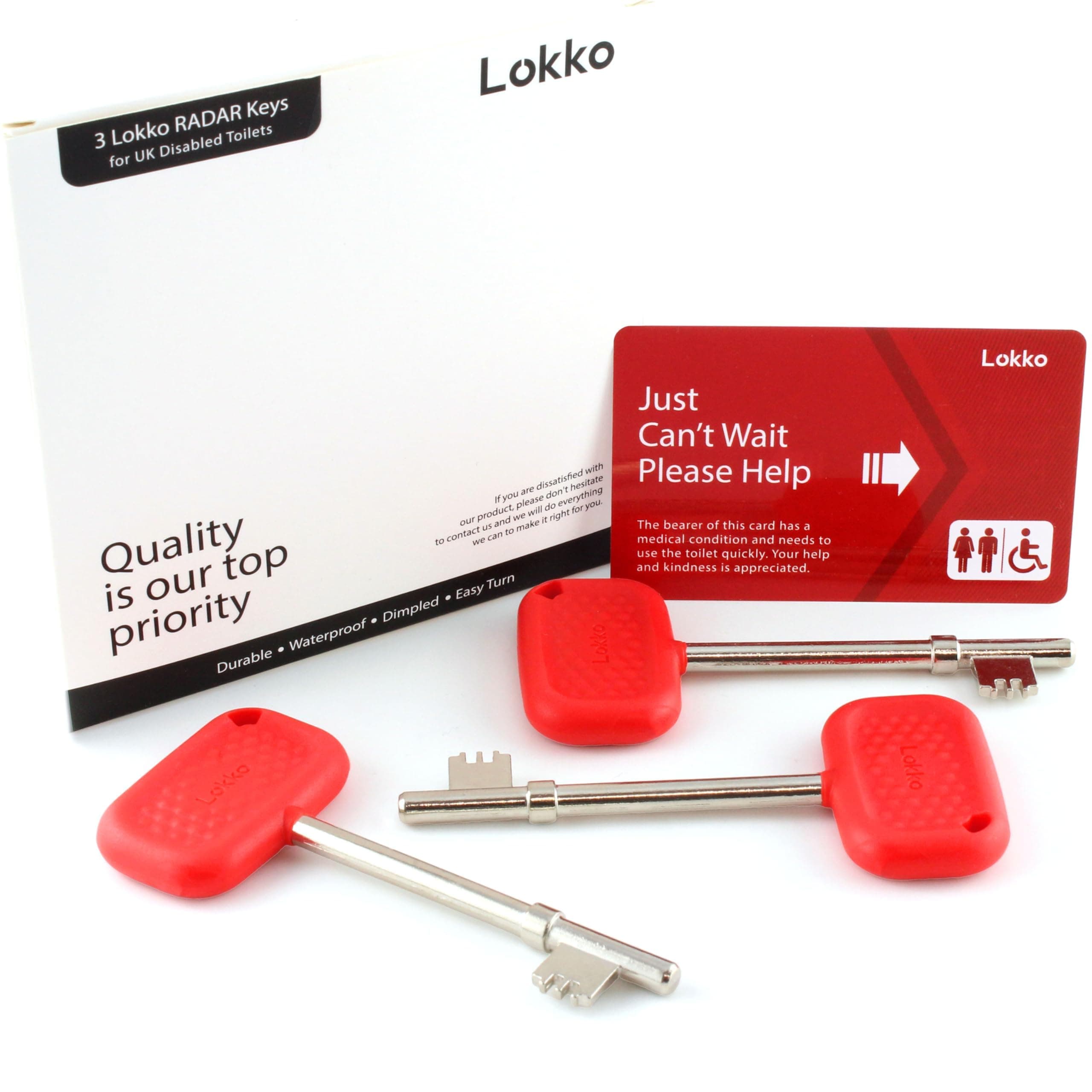 Lokko Radar Key for Disabled Toilets UK (3 Pack) - Boxed with Bonus Toilet Use Card - Red - Dimpled Grip, Durable, Waterproof, Easy to Use