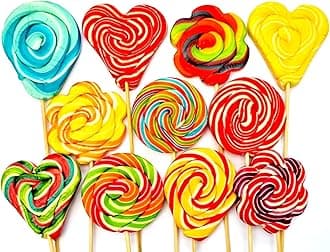 Rainbow Lollipops Swirly Lollies Kids Party Bags Cake Toppers Halal Vegan 4 Assorted Shapes (10)