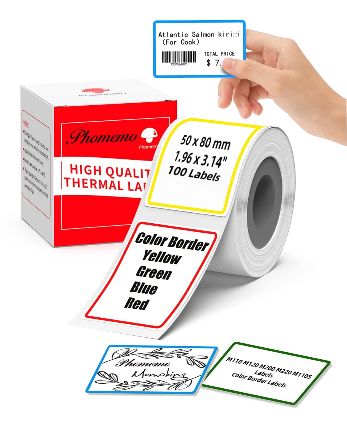 Memoking M200 Thermal Label Sticker 1.96" x 3.14" (50 x 80mm) for Thermal M110S M220 M200 M120 M110 Printer Labels - Thermal Sticker Label Compatible with Phomemo Label Maker - 100 Labels, 4 Colors