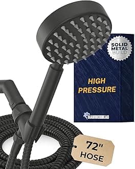 HammerHead Showers All Metal Hand Held Head with Hose and Holder, Matte Black | 2.5 GPM Rainfall Flow with Removable Restrictor | 4" Handheld head, 72 Inch Long Flexible Hose, Adjustable Bracket