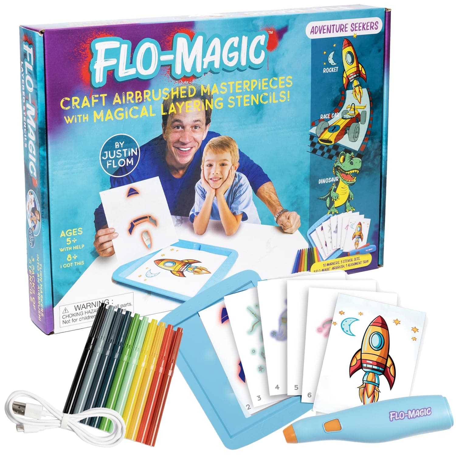 Flo-Magic Adventure Airbrush Marker Stencil Art Kit- Rocket, Race Car, Dinosaur- Washable Non-Toxic, Rechargeable- Craft kit for Kids Age 5 6 7 8 9 10