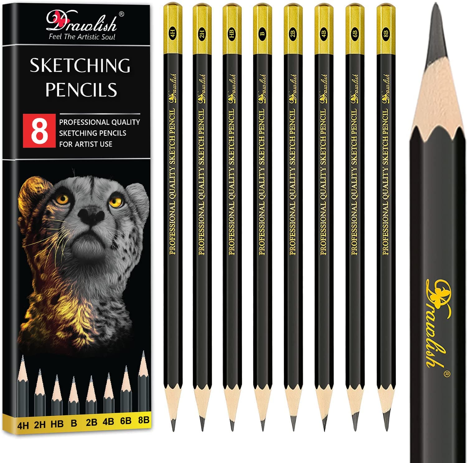 Sketching Pencils Set of 8 - B, 2B, 4B, 6B, 8B, HB, 2H, 4H - Drawing Pencils with Graphite Lead & Soft Basswood are Ideal for Sketching, Shading & Doodling - For Beginners & Professionals