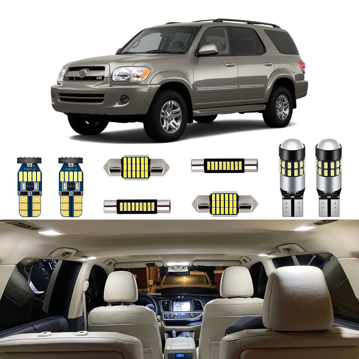 18 Piece White Interior LED Lights Kit for Toyota Sequoia 2001 2002 2003 2004 2005 2006 2007 Super Bright 6000K LED Interior Light Bulbs Package + Install Tool