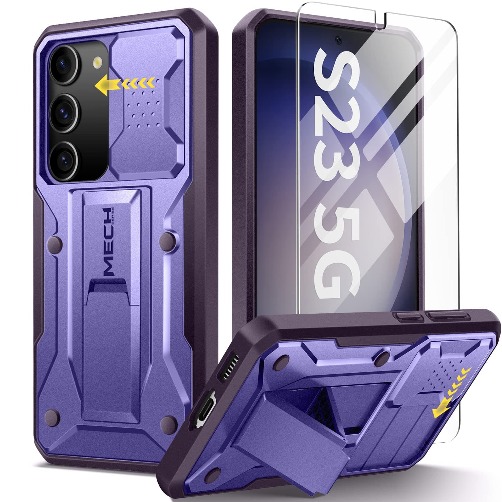 TONGATE for Samsung Galaxy S23 Case, [with Screen Protector & Slide Camera Cover] [12FT Military Grade Drop Protection] Heavy Duty Shockproof Rugged Galaxy S23 Phone Case with Kickstand, Purple