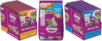 Whiskas Kitten (2-12 Months) Wet Cat Food, Chicken in Gravy, 12 Pouches & Kitten (2-12 Months) Wet Cat Food, Tuna in Jelly, 12 Pouches (12 x 85g) & Adult (+1 Year) Dry Cat Food, Ocean Fish Flavour