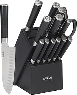 Babish High-Carbon 1.4116 German Steel 15 Piece Full Tang Forged Cutlery Kitchen Knife Block Set - Black