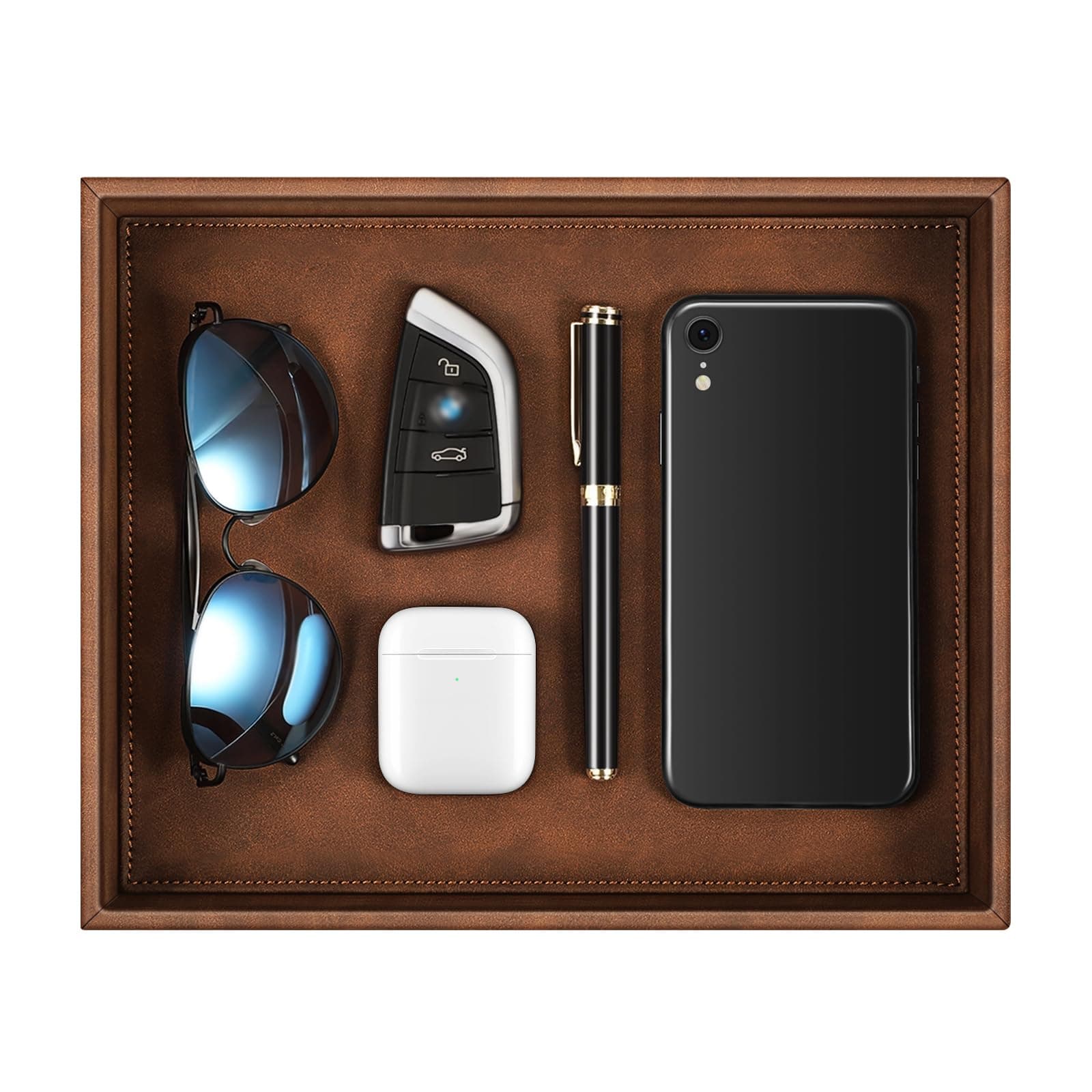 SITHON Valet Tray Desk Organizer, PU Leather Catchall Bedside Vanity Tray Nightstand Caddy Coin Box Key Jewelry Storage Organizer, Valentine's Day Gift, Brown