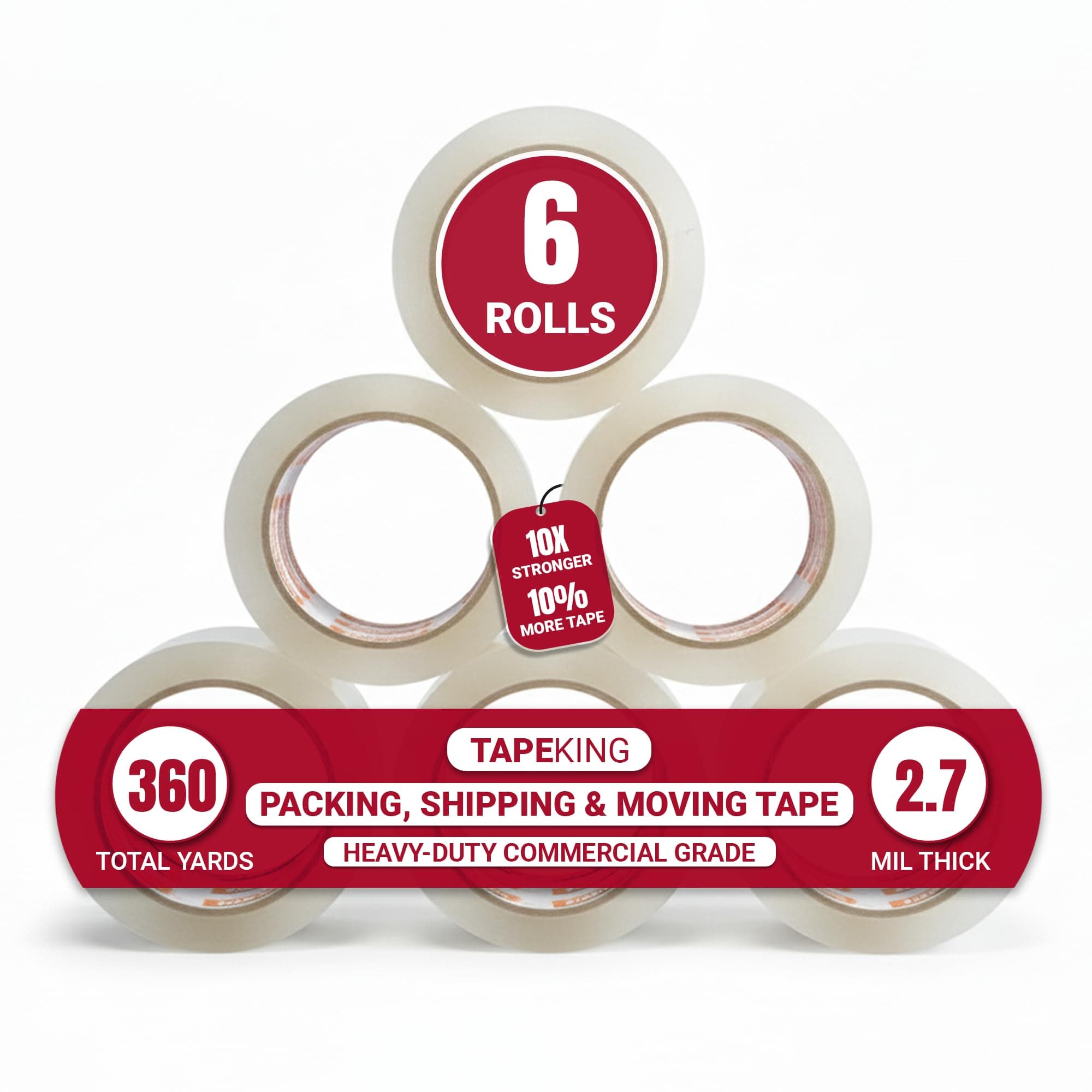 Tape King Clear Packing Tape - 60 Yards Per Roll (Pack of 6 Rolls) - Stronger & Thicker 2.7mil, Heavy Duty Adhesive Industrial Depot Tapes for Moving Packaging Shipping, Office & Storage