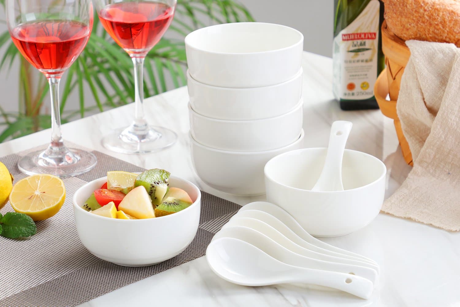 10 OZ Porcelain Bowl Set Dessert Bowls Dinnerware for Cereal，Cottage Cheese, Fruit, Crackers, Salad - Set of 6 Bowls and 6 Spoons ,White