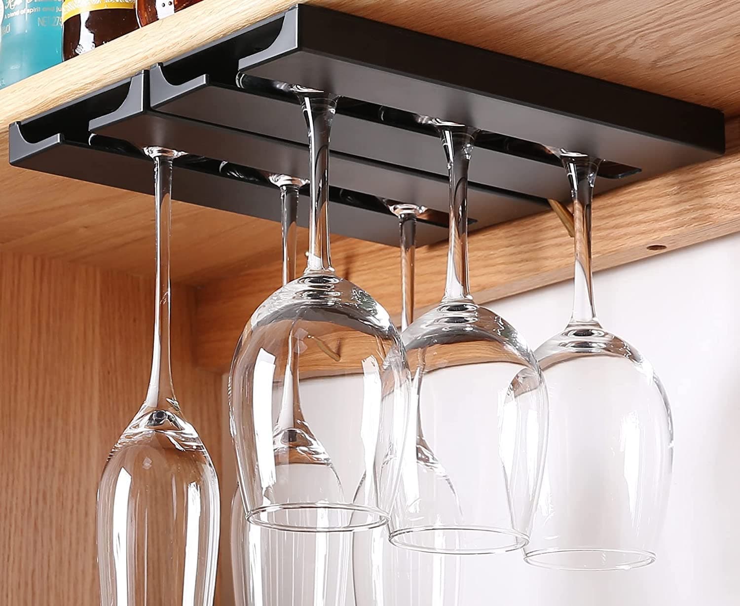 2 Pack Wine Glass Holder Under Shelf or Cabinet Punch-free Wine Glass Rack Plastic Stemware Rack Glassware Drying Storage Hanger for Kitchen,Bar and Restaurant (Black)