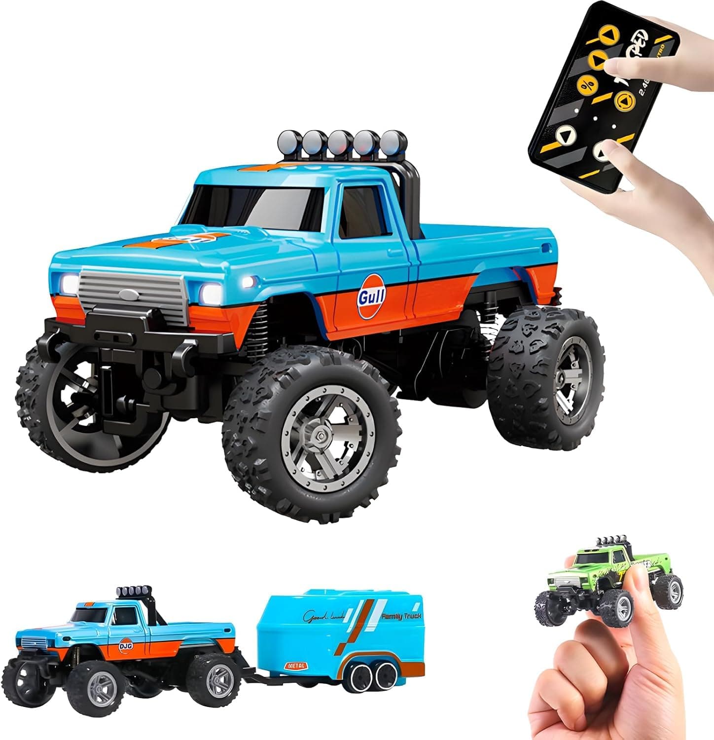 Mini RC Monster Truck, Remote Control Car, 2.4G Remote Control USB Rechargeable Underflow with Trailer, Rc Semi Truck with Trailer, Mini RC Monster Truck 1:64 Scale Alloy (Blue)