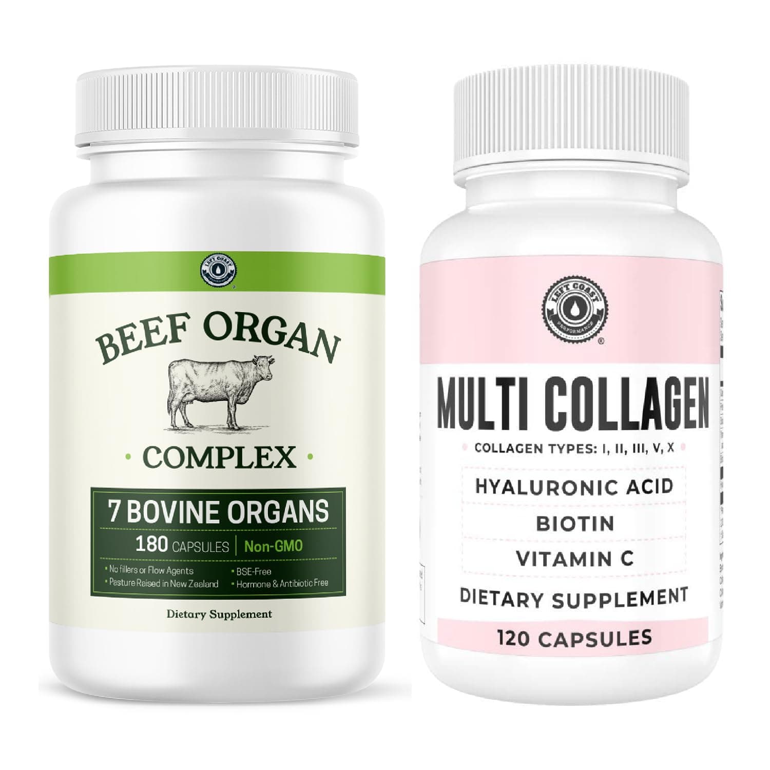 Left Coast Performance Beef Organ Complex Capsules, 180 Count + Multi Collagen Capsule, 120 Count