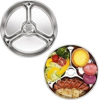 Korean Stainless Steel Divided Round Plates, Little Kids Toddlers Babies BPA Free, Diet Control, Camping Dishes, 8 Inch Compact Serving Platter, Plate, Set of 2