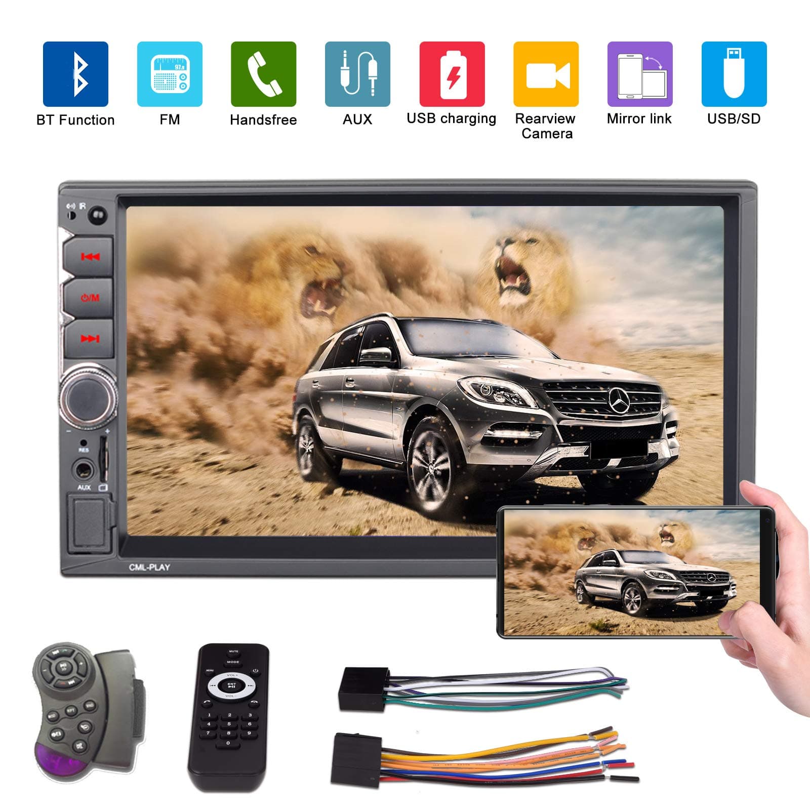 ESSGOO 7 inch Universal Double Din in Dash Stereo，Mirror Link Car Receiver Audio 2 Din Car MP5 Player DVR/BT/FM/Mp3/AUX/TF Card/USB with Steering Wheel Controls Remote Control