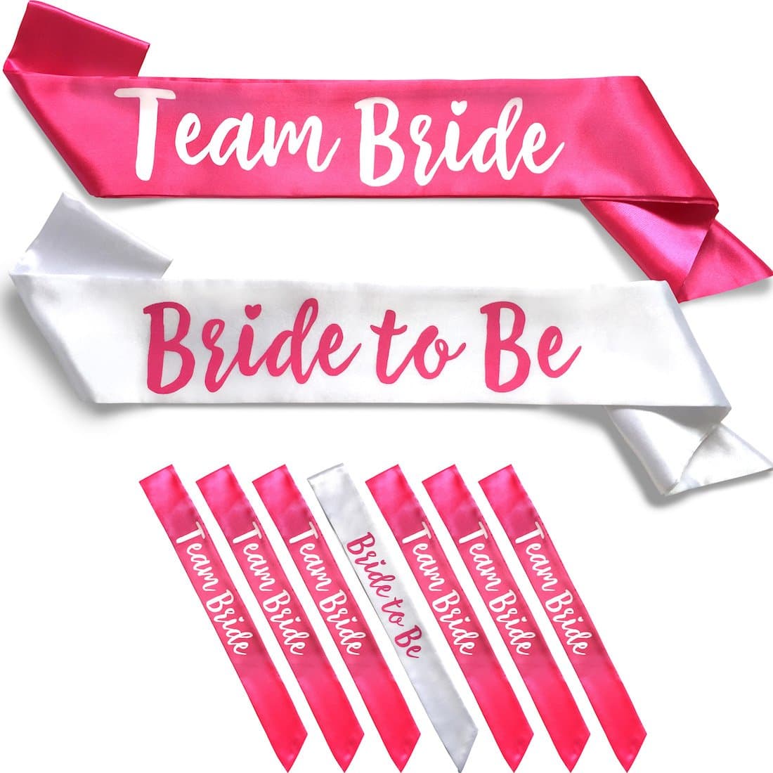 Team Bride 7pc Satin Sash Set - Sophisticated & Fun Party Favors for Bachelorette Party, Bridal Shower & Wedding Party (7pc Set, White & Pink)