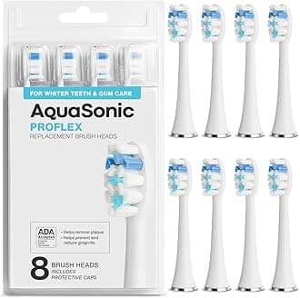 AquaSonic Genuine Proflex Replacement Brush Heads | ADA Accepted | for Whiter Teeth & Gum Care | Compatible with Many AquaSonic Toothbrush Handles (8 Pack White)