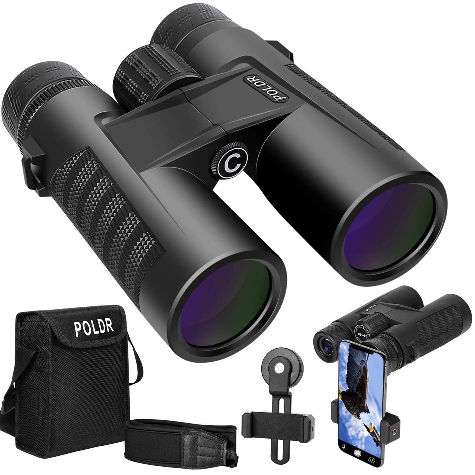 POLDR 10x42 Powerful Full-Size Binoculars for Adults, Waterproof Compact HD Binoculars for Hunting Concerts Bird Watching Travel Hiking BAK4 Prism FMC Lens-with Smartphone Adapter Strap Carrying Bag