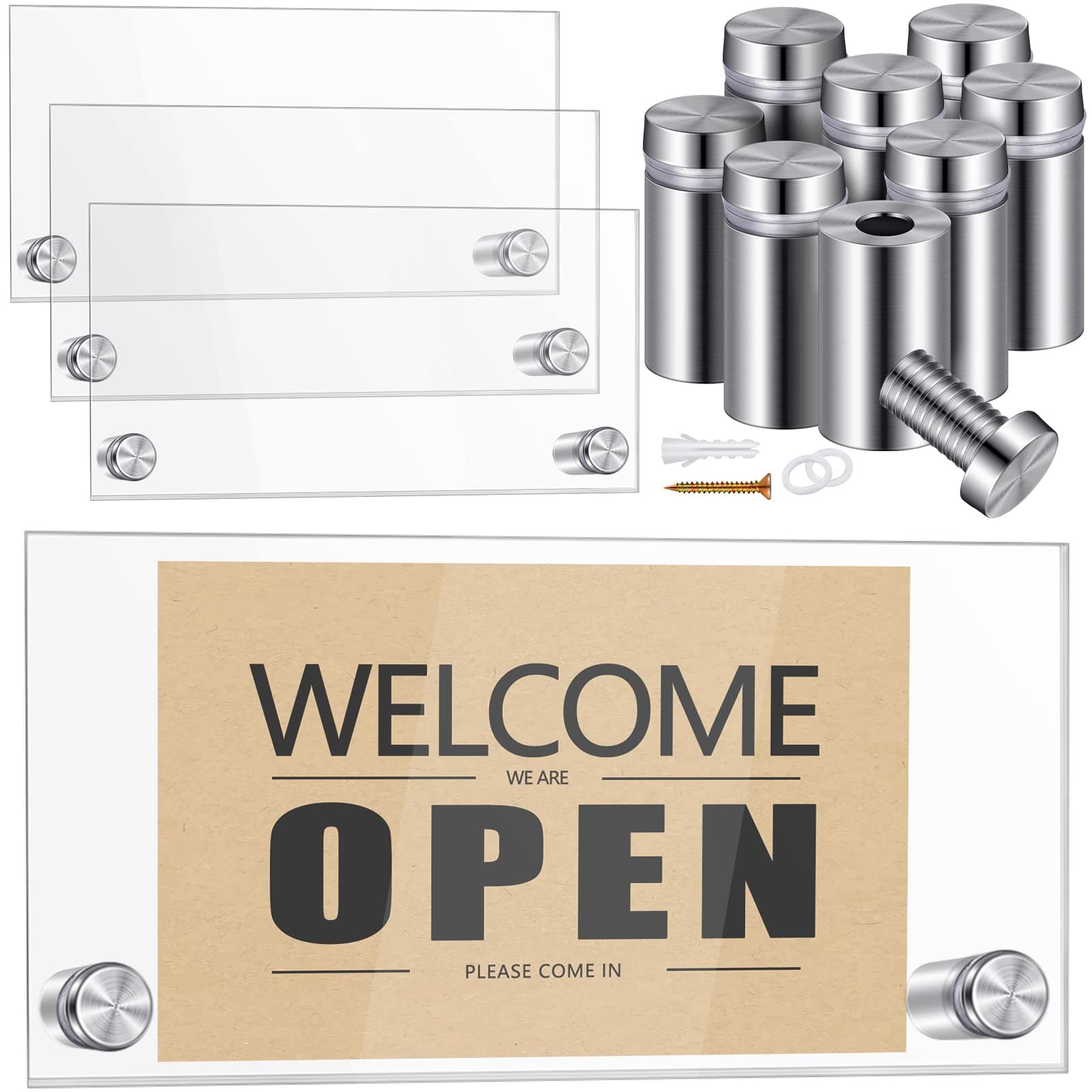 Demissle 4 Sets Clear Acrylic Wall Name Plate Holders Office Door Mount Name Plate Holder with Stainless Steel Standoff Screws for Office Home Store Restaurant (6 x 3 Inch)