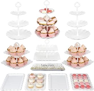 Pack of 10 NWK Cake Stand Set, Cupcake Stand, with 3 x Two-Tier and 3 x Three-Tier Cupcake Stands, 4 x Appetizer Trays, 1 x Tablecloth for Birthday Bridal Baby Shower Party (White)
