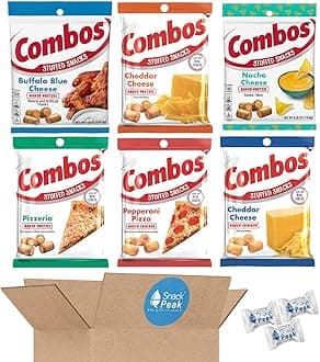 Combos Variety Snack Peak Gift Box (6 – 6.3 oz bags): Pizza Pretzel, Cheese Cracker, Buffalo Blue Cheese, Pizza Cracker, Cheese Pretzel, Nacho Cheese Pretzel