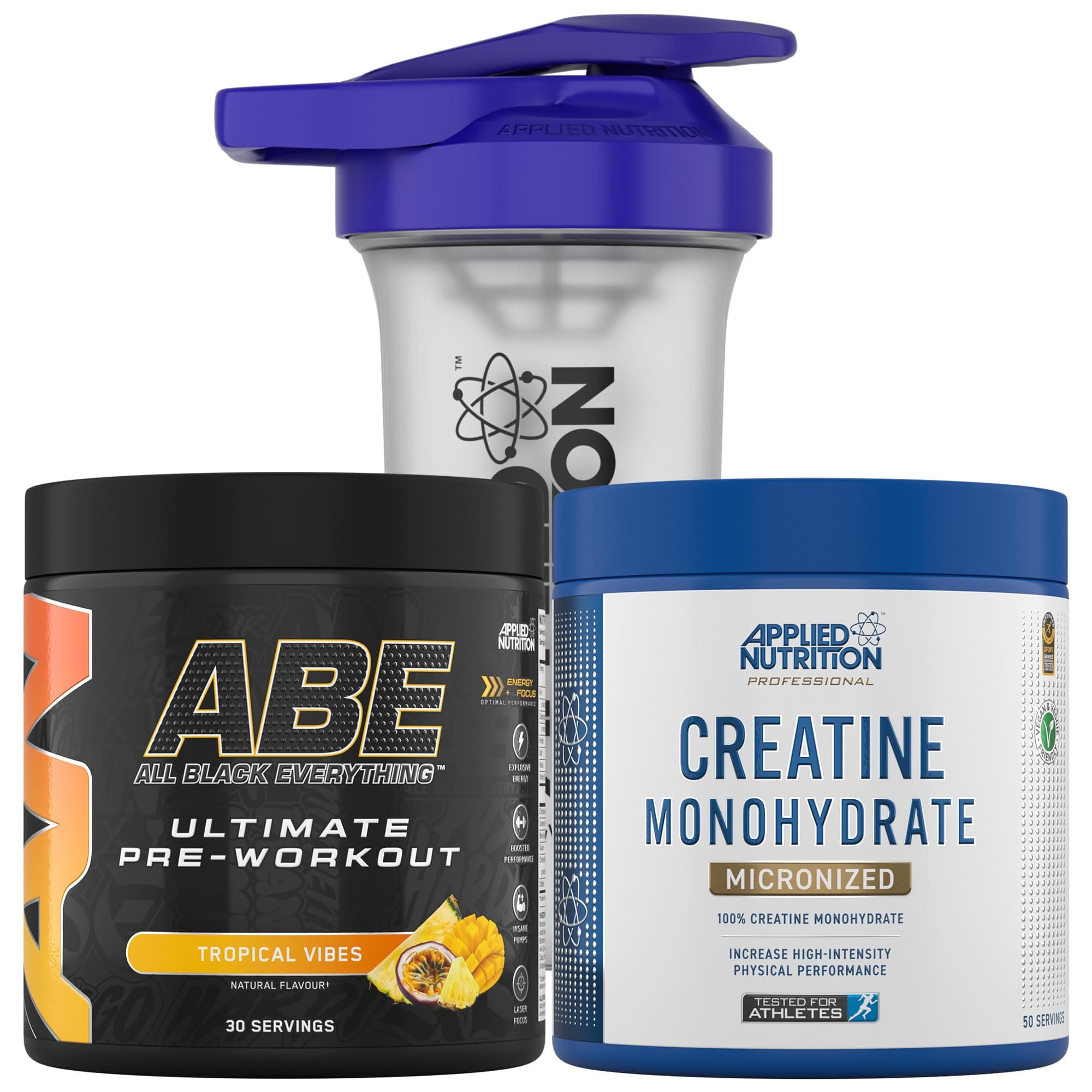 Bundle ABE Pre Workout 375g + Creatine 250g + 700ml Protein Shaker | All Black Everything Pre Workout Powder, Energy & Performance with Creatine, Beta Alanine (Tropical)