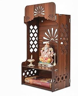 Gift Kya De Wooden Temple for Home | Pooja Mandir with LED Light, Storage Shelf & Decorative Back Panel | Wall Mounted or Tabletop Mandir for Pooja Room (H-21 x L-11 x W-7 Inch)