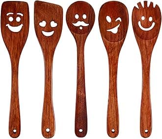 HANSGO 5PCS Wooden Spatula Set, 12inch Cast Scraper Smile Cooking Wooden Spoons Cute Face Expression Cooking Utensils For Cooking Family Coocking Multipurpose Utensil