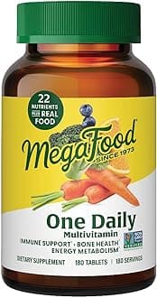 MegaFood One Daily Multivitamin for Women and Men, Immune Support Supplement with Real Food, Vitamin C & Vitamin B, Bone Health, Cellular Energy Metabolism, Vegetarian, Non-GMO, 180 Tablets