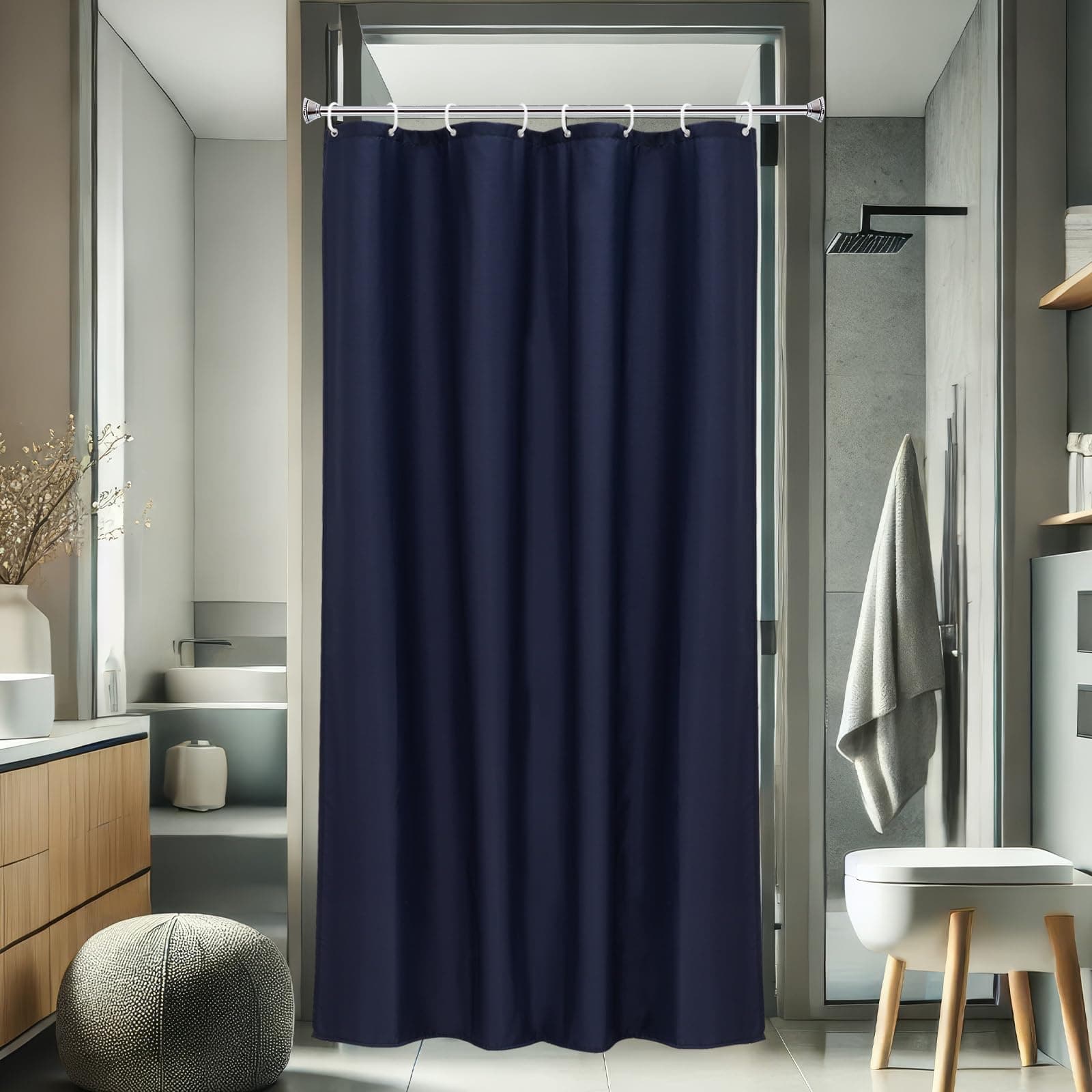 AooHome 48x72 inch Shower Liner, Stall Size Fabric Solid Color Bathroom Curtain with Hooks, Weighted Hem, Waterproof, Navy Blue