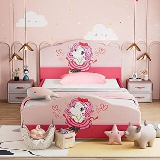 HONEY JOY Twin Bed Frames for Kids, Toddler Wooden Twin Bed Platform w/Headboard & Slat Base, No Box Spring Needed, Children Bedroom Furniture for Boys Girls, Fits Standard Twin Mattress, Girl