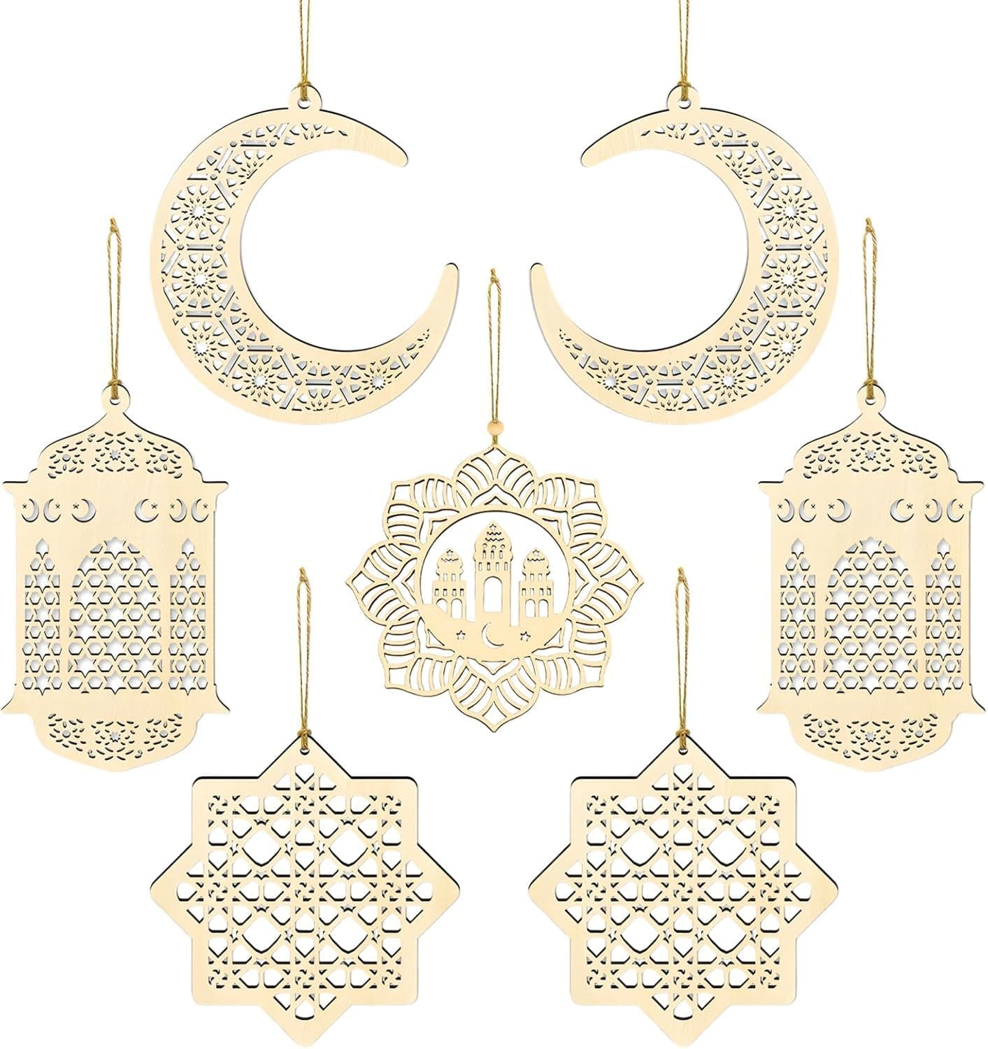 Ramadan Wooden Pendant Set - 7 Pcs Moon Star Wind Light Castle Hanging Eid Decoration for Home and Outdoor, Eid Mubarak Ornament