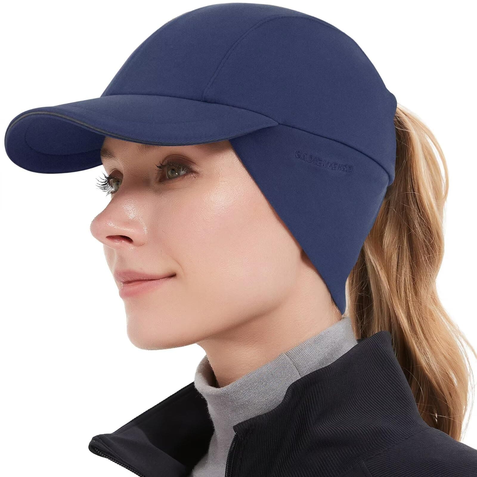 Women's Winter Reflective Fleece Ponytail Hat with Drop Down Ear Warmer