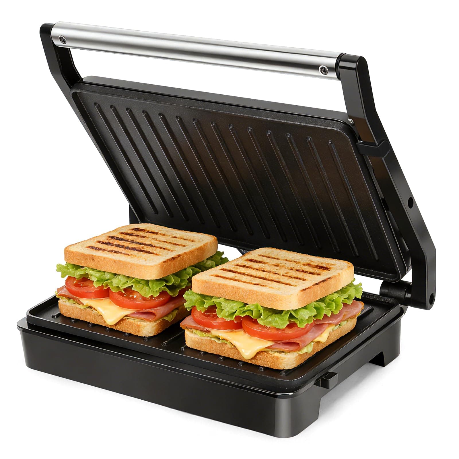 Aigostar Sandwich Toaster Panini Press, 1000W Deep Fill Toastie Maker, Non-Stick-Coated Aluminium Plates, Indicator Light, Stainless Steel, Black-Larissa