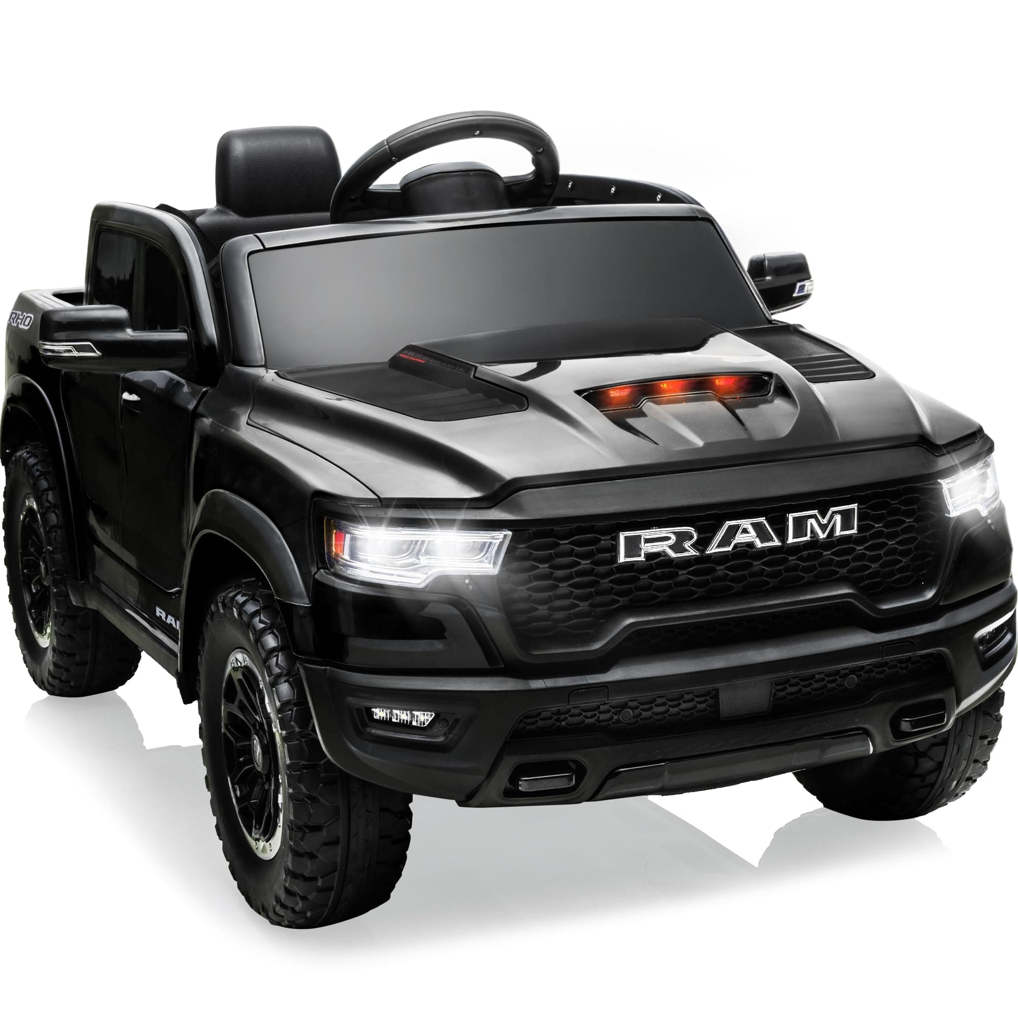 First Ride On 12V Licensed Ram 1500 Ride on Toy for Kids, Toddler Ride on Pickup Truck with Parent Remote Control, Electric Car for Kids with Truck Bed Storage, 3 Point Safety Belt (Black)