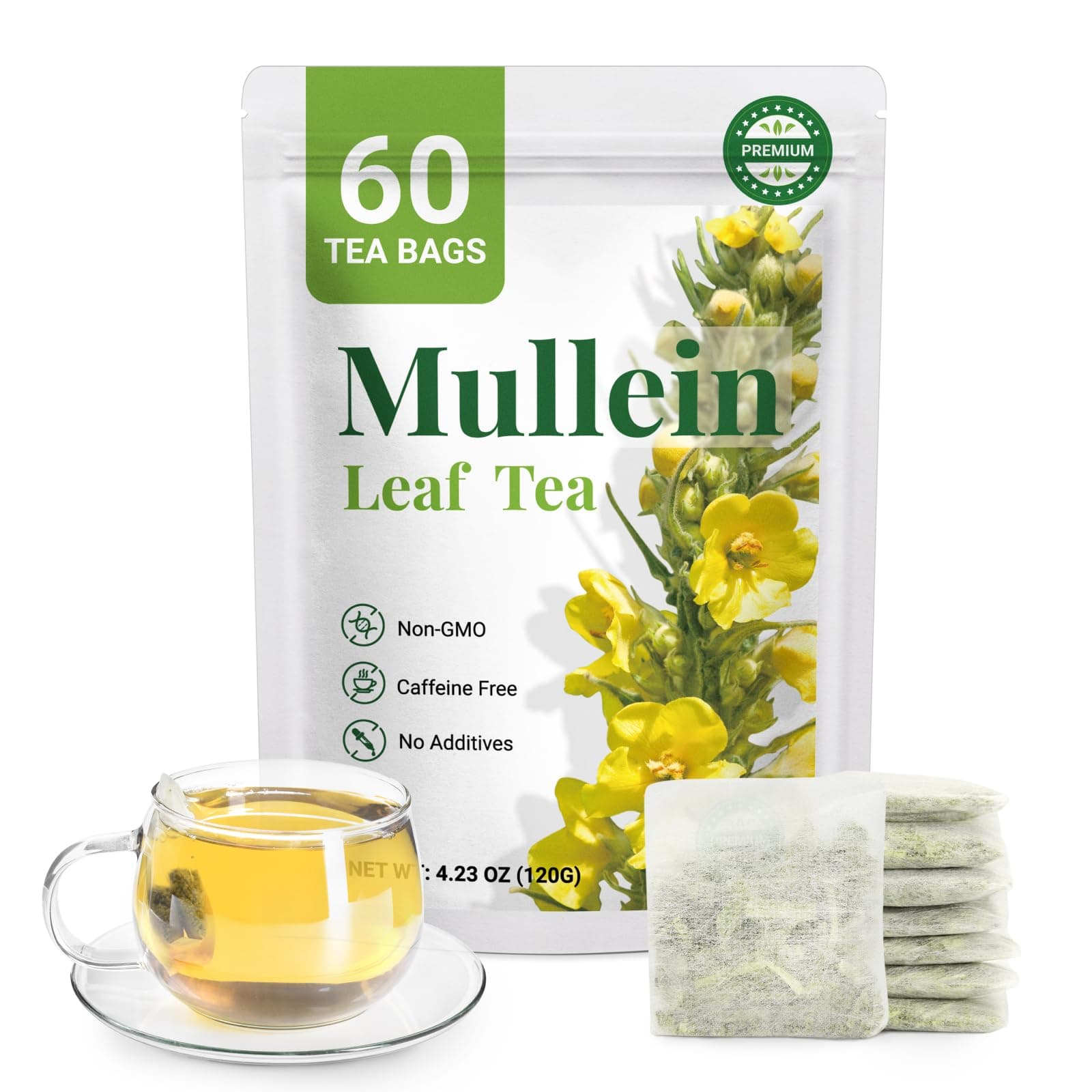 Premium 60 Mullein Tea Bags For Lungs - 100% Pure Mullein Leaf | For Lung Health & Respiratory Wellness Support | Caffeine Free - No Additives & Non-GMO | Plastic-Free, Plant-Based Tea Bags