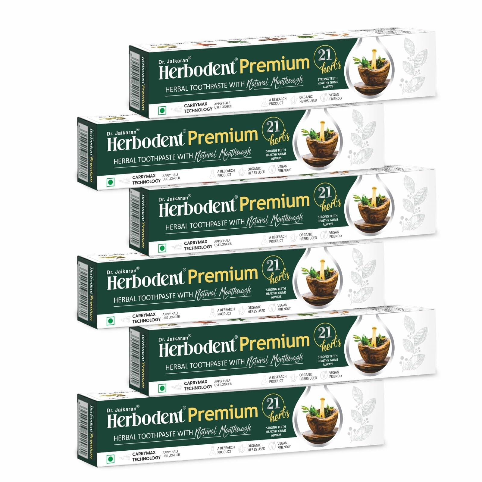 Herbodent® Premium Toothpaste - 3.53 oz Pack of 6 | A Unique Blend of 21 Herbs Like Neem, Clove, Cinnamon, Cardamom with Natural Mouthwash - No Paraben, No Fluoride, No Saccharin, No Triclosan