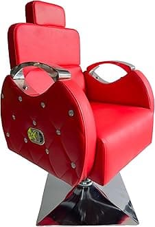 Leather Beauty Parlor Cutting Chair,Salon/Barber/Cutting/Makeup/Makeover Bride Bridegroom Chair, Cushioned Seat Back, with Hydraulic & Push Back System (Black) (Steel Handle Red)