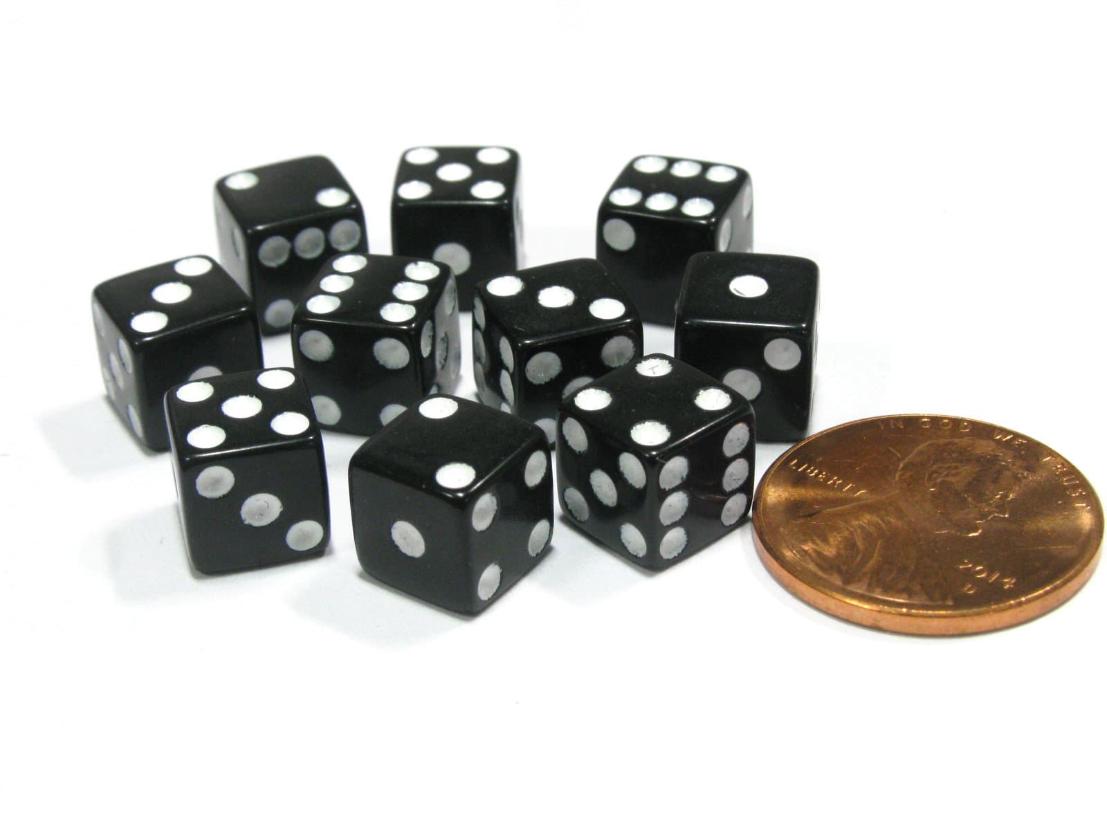 Set of 10 Black 8mm Six Sided D6 Small Square Dice with White Pips