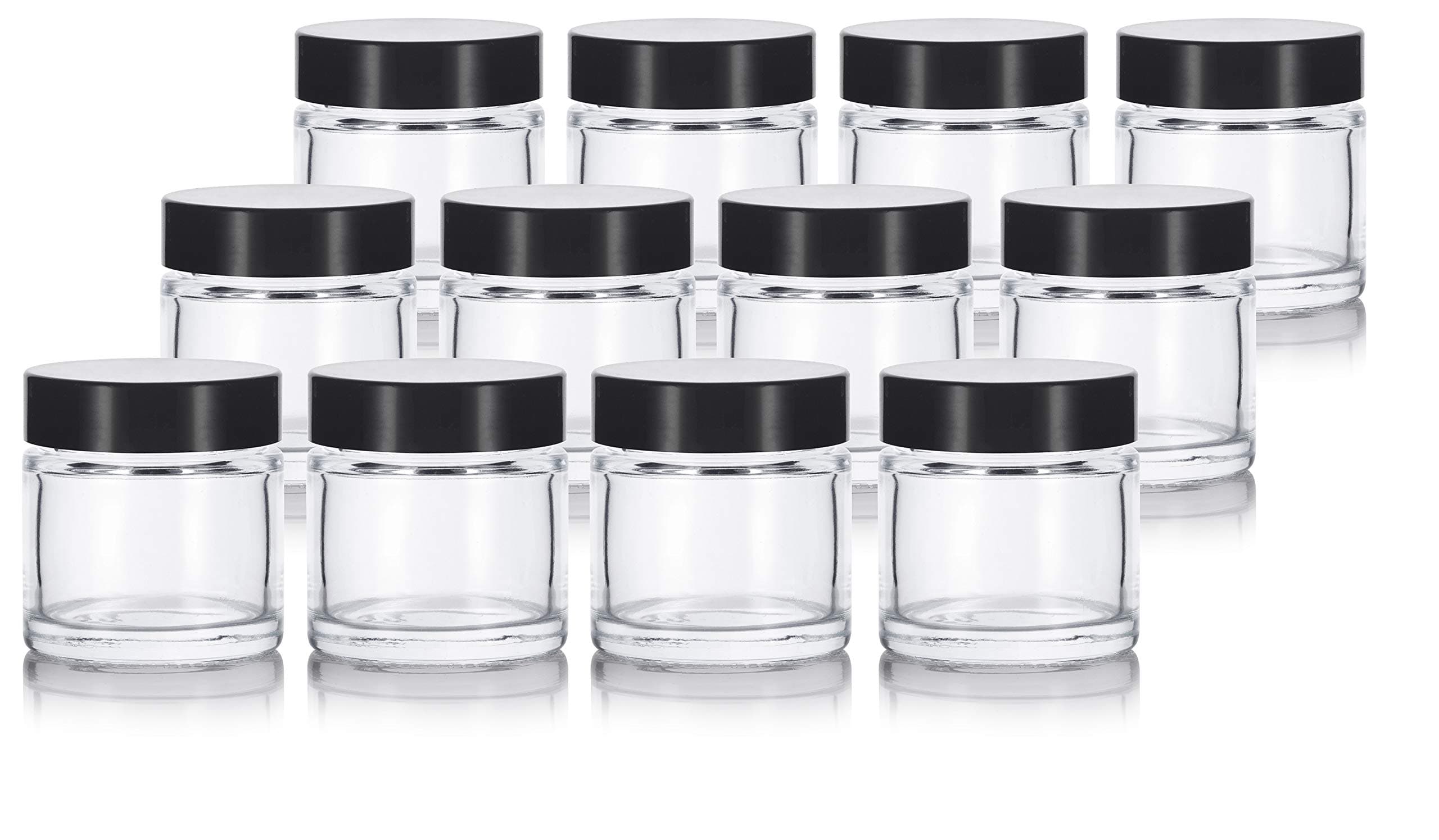 1 oz Clear Thick Wall Glass Straight Sided Jar with Black Smooth Lids (12 Pack)
