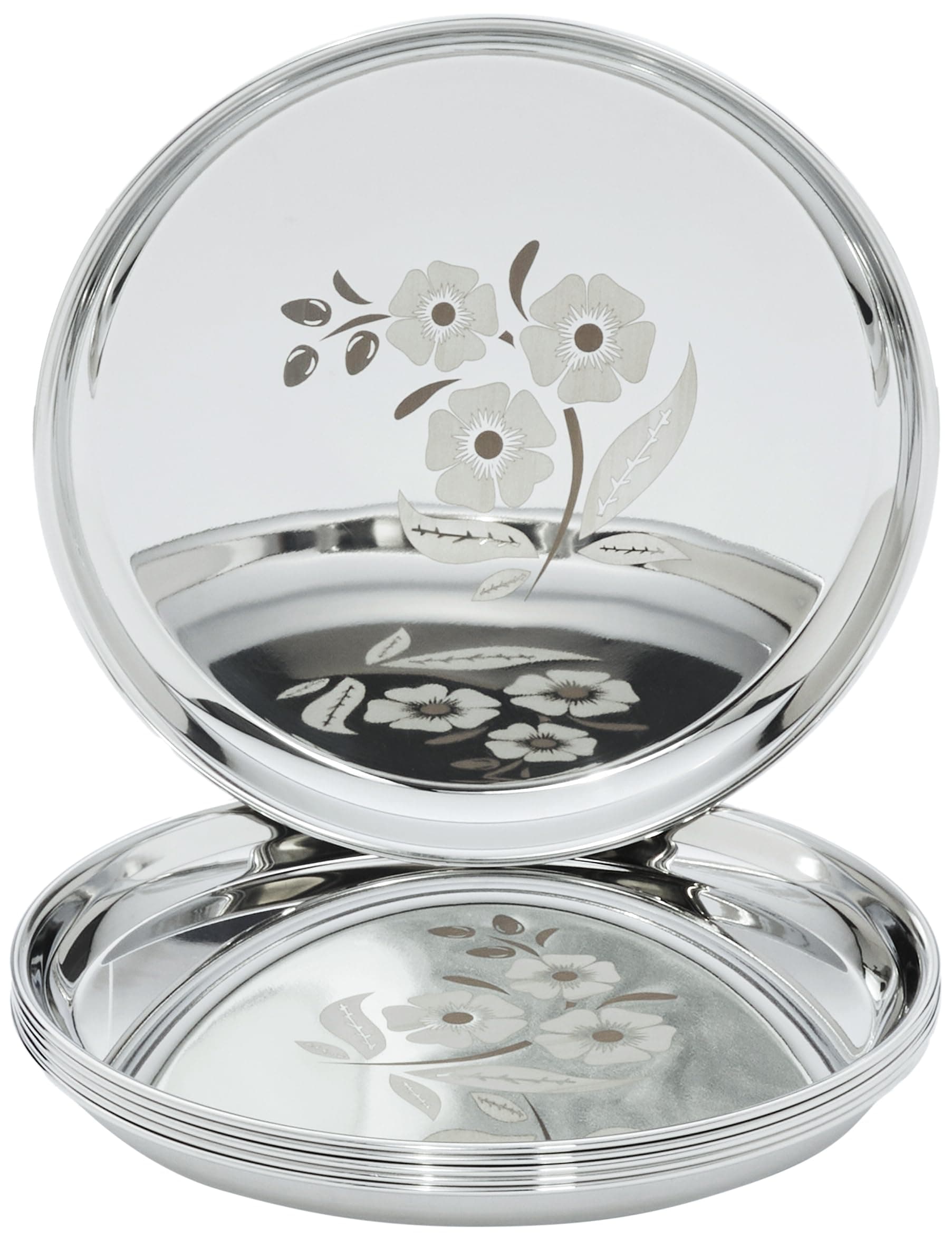 Amazon Solimo Stainless Steel Plate Set | Set of 6 | 12 Inches | Floral | Silver