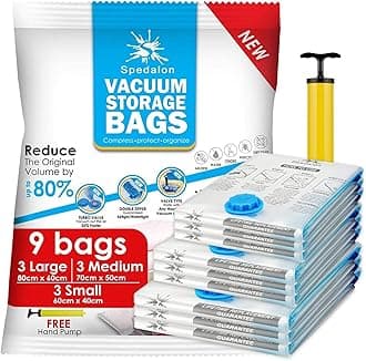 Spedalon Vacuum Storage Bags - Pack of 9 (3 Large + 3 Medium + 3 Small) ReUsable with free Hand Pump for travel packing | Best Sealer Bags for Clothes, Duvets, Bedding, Pillows, Blankets, Curtains