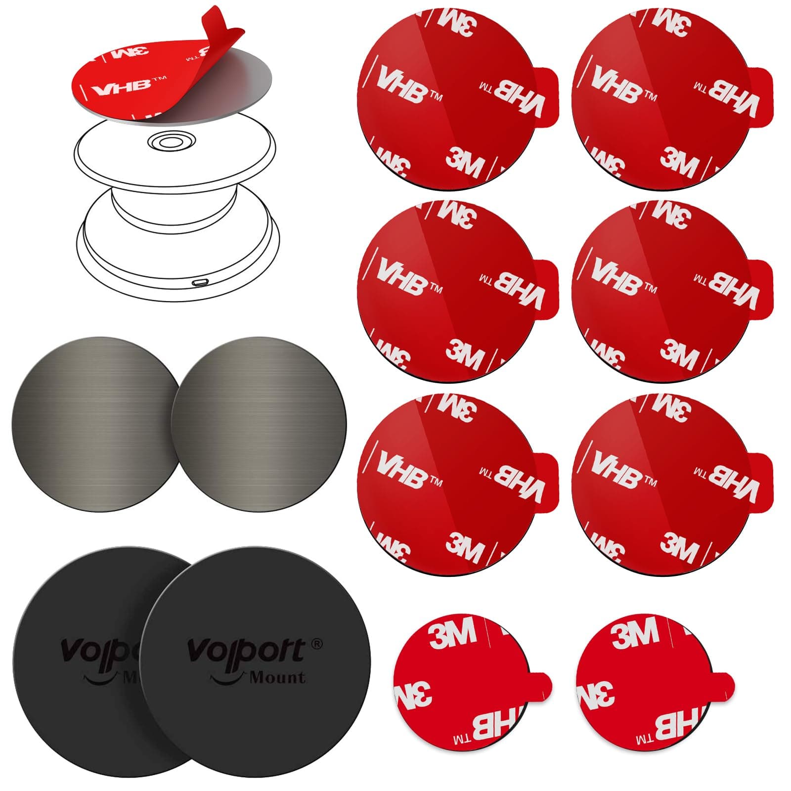 Extra Tape Super Sticky Adhesive Replacement and Phone Magnet Sticker Disc for Reusing Grip Stand Socket Base, Circle Double Sided Car Mount Holder Strong Glue Pads Round Magic Metal Plate