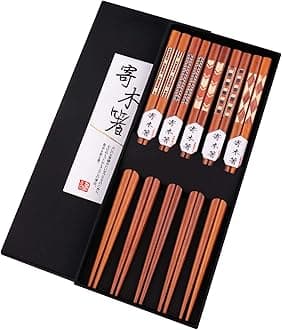 GLAMFIELDS Reusable Chopsticks Japanese Natural Wooden 5 Pairs Classic Style Lightweight Safe Chop Sticks 8.8 Inch/22.5cm Gift Set