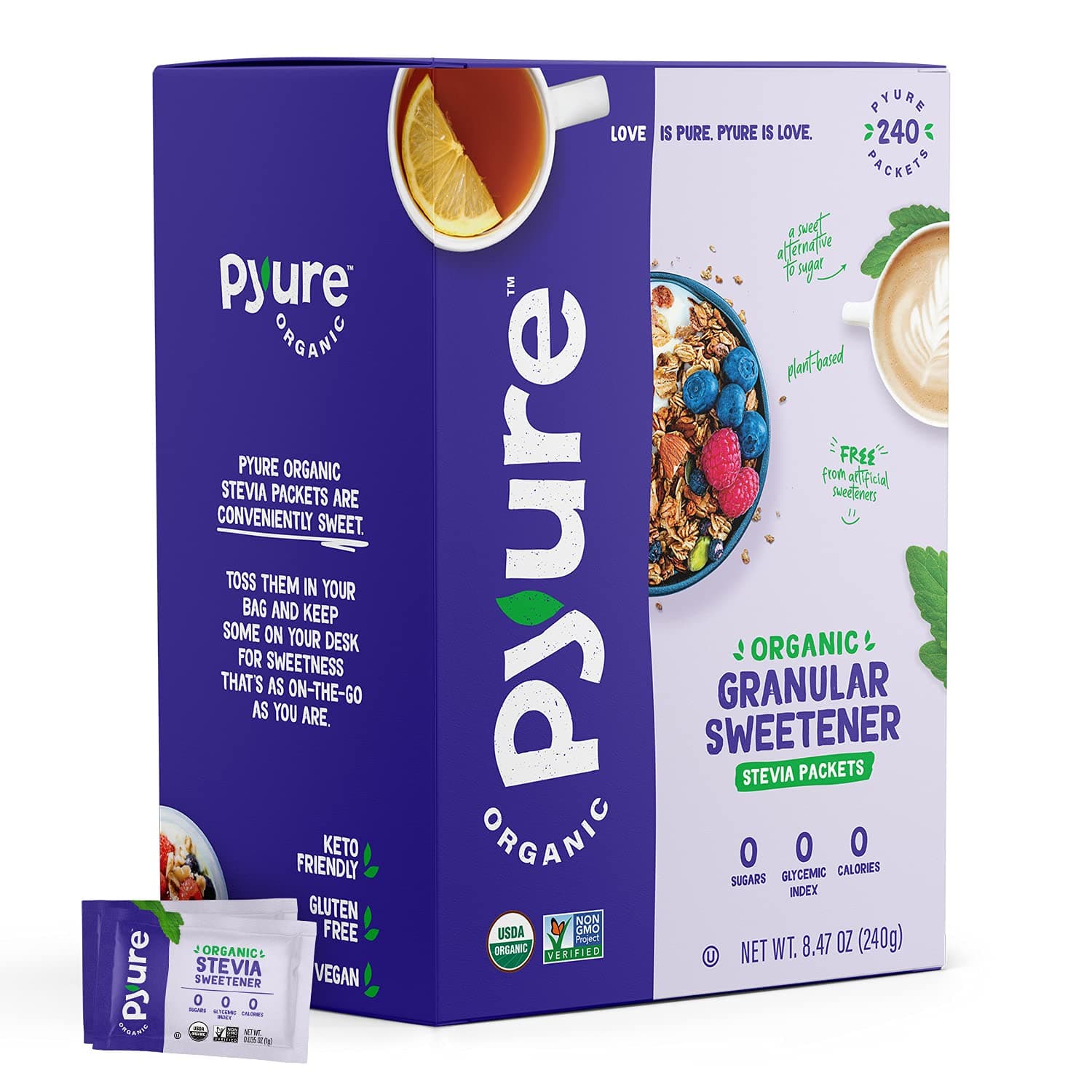 Pyure Organic Stevia Packets | Zero Calorie Sweetener for Coffee, and Baking | Granulated Stevia Sugar Substitute | Plant-Based, Keto, Diabetic & Paleo Friendly | USDA Organic, Non-GMO | 240 Packets