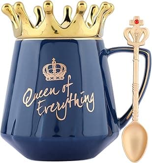 NYRWANA Coffee Mug, Gift Items for Women, Birthday Present for Girlfriend, Unique Gift for Women, Cups and Mugs, Queen of Everything Mug with Golden Crown & Spoon (350ml - Blue) Ceramic