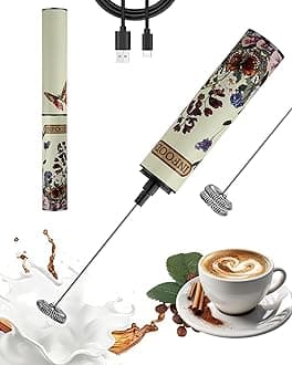 INFOOD Milk Frother Rechargeable with Cover - Coffee Frother Wand, Drink Mixer Handheld with 2 Detachable Stainless Whisks 2 Speed Adjustable for Latte, Cappuccino, Hot Chocolate, Egg, Vintage Floral
