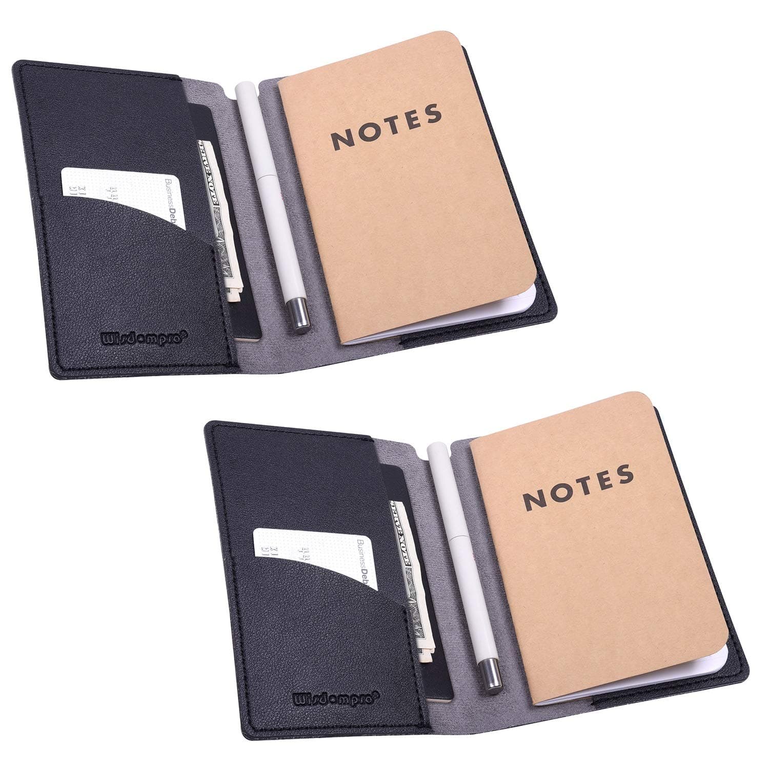 Wisdompro Journal Cover, 2 Pack PU Leather Notebook Cover for Field Notes, or other 3.5" x 5.5" Pocket Notebooks - Black