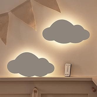 Lights4fun Set of 2 Rechargeable Backlit LED Cloud Wall Lights Children’s Bedroom Nursery Decoration with Remote Control & Timer IP20 Rated Indoor Use [Energy Class A]